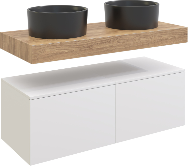 Столешница Stworki Ольборг 100 дуб французский, без отверстий,  2 тумбы 50 + 2 раковины BOCCHI Vessel, черные