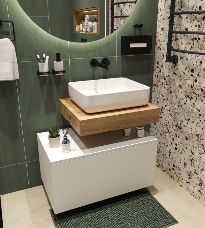 Столешница Stworki Ольборг 60 дуб французский, без отверстий, с тумбой 80, с раковиной Stworki Soul 1 белой