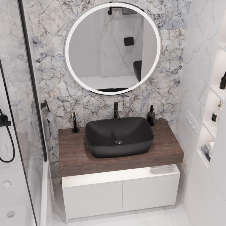 Мебель для ванной Stworki Ольборг 100 столешница дуб карпентер, без отверстий, 2 тумбы 50, с раковиной Vitra Shift черной