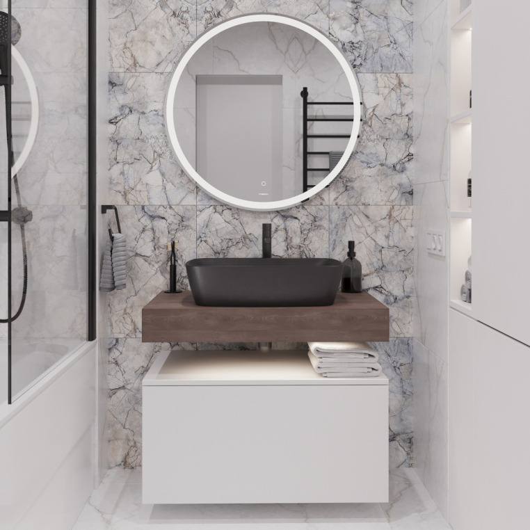 Мебель для ванной Stworki Ольборг 80 столешница дуб карпентер, без отверстий, с тумбой 80, с раковиной Vitra Shift черной