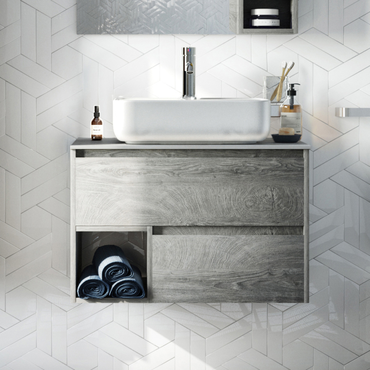 Мебель для ванной Stworki Карлстад 75 дуб рошелье, монте тиберио, в стиле лофт, под дерево, серая, подвесная