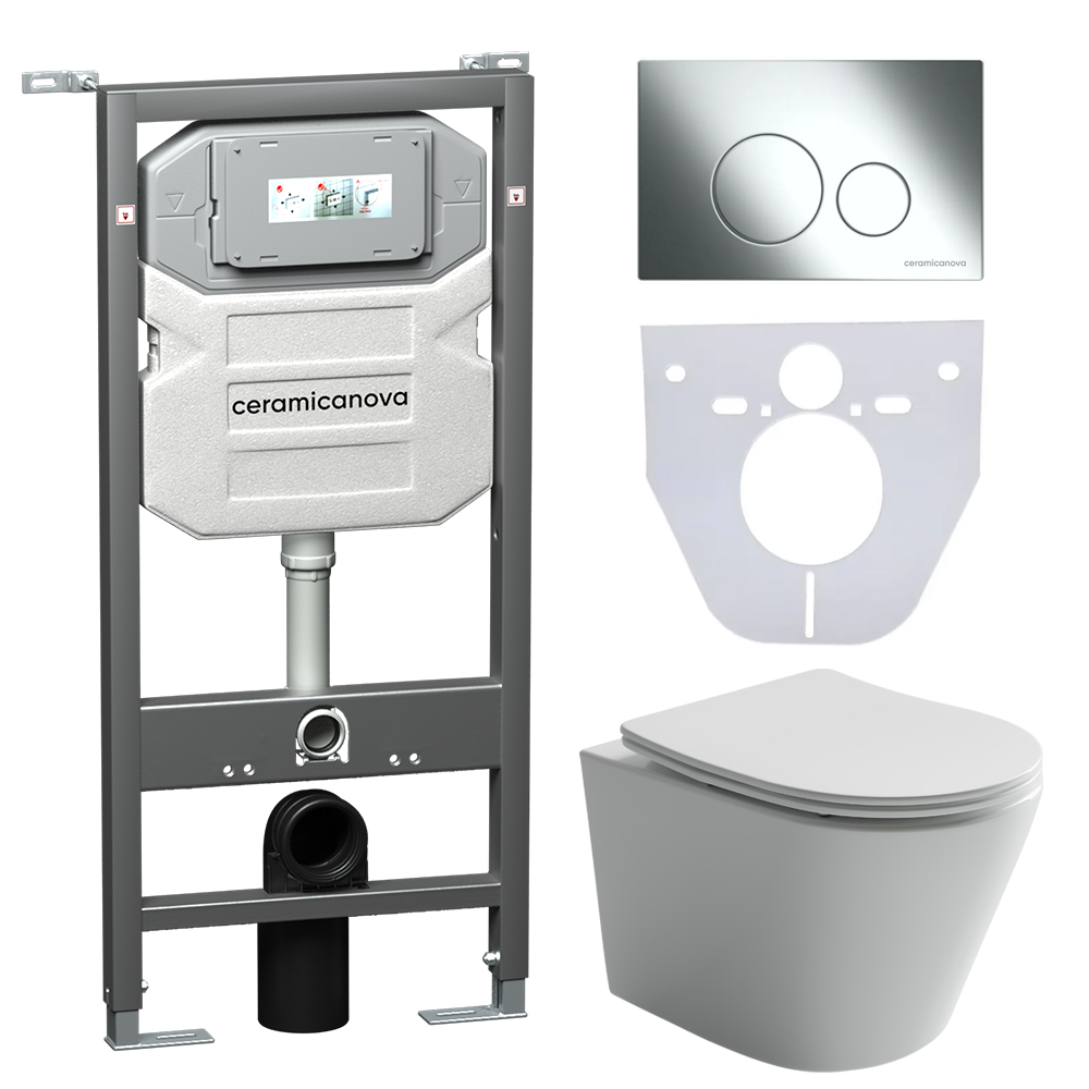 Сет 4 в 1 Инсталляция с кнопкой+унитаз+шумоизоляция CERAMICANOVA Подвесной унитаз Balearica+Шумоизоляционная панель+Система инсталляции с кнопкой Round цвет хром