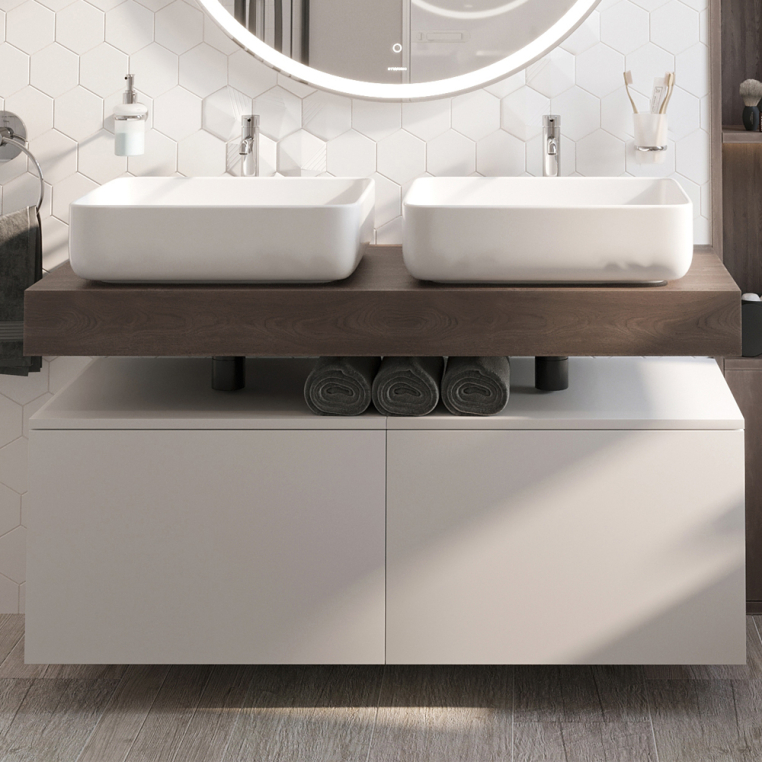 Мебель для ванной Stworki Ольборг 120 столешница дуб карпентер, без отверстий, 2 тумбы 60 + 2 раковины Stworki Soul 1 белой
