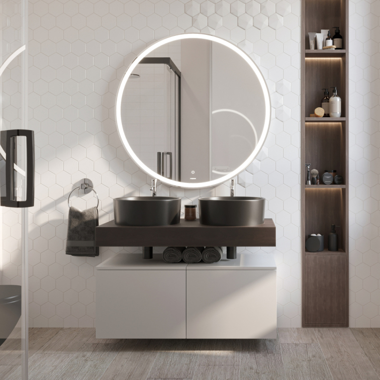 Мебель для ванной Stworki Ольборг 100 столешница дуб карпентер, без отверстий, 2 тумбы 50 + 2 раковины