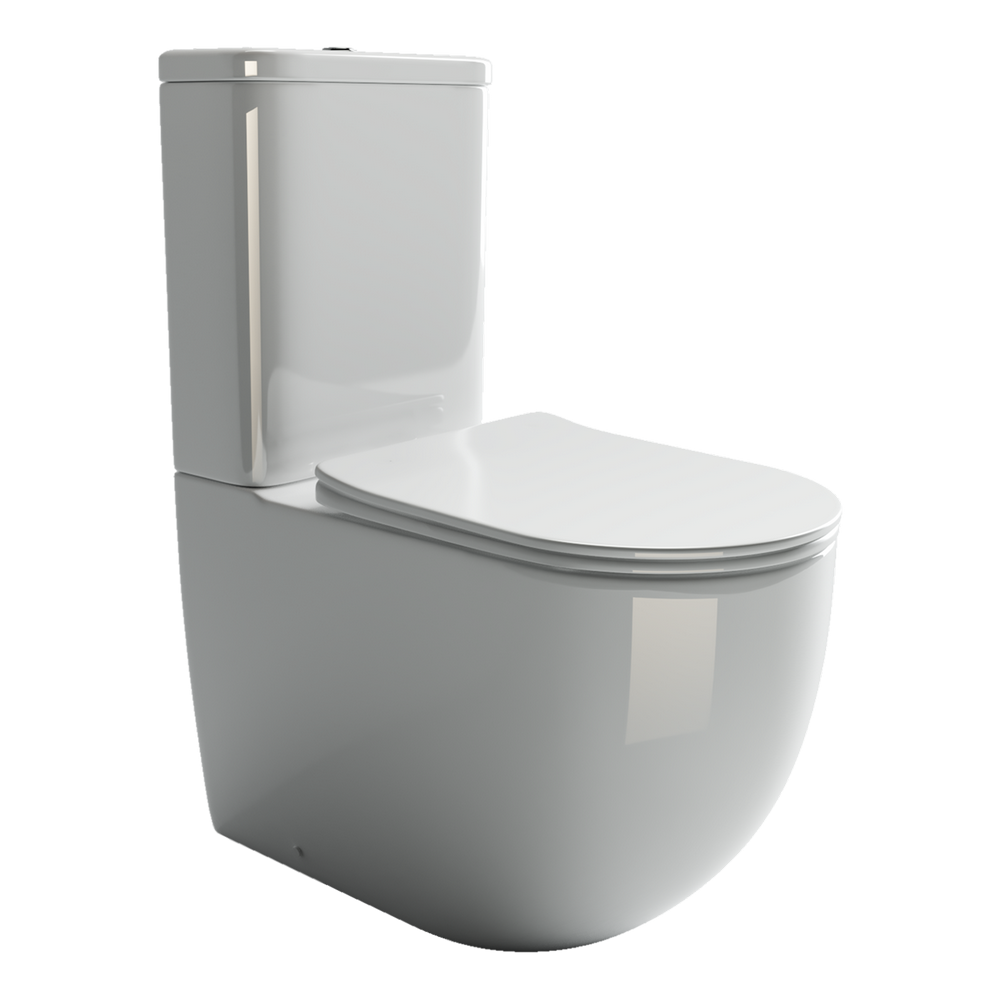 Напольный пристенный унитаз с бачком Mia Rimless, двойной смыв 3/6 арматура, нижняя подводка глубокий смыв, горизонтальный (универсальный) выпуск, с крепежом, с ультра тонким сидением и крышкой с функцией плавного закрытия, дюропласт