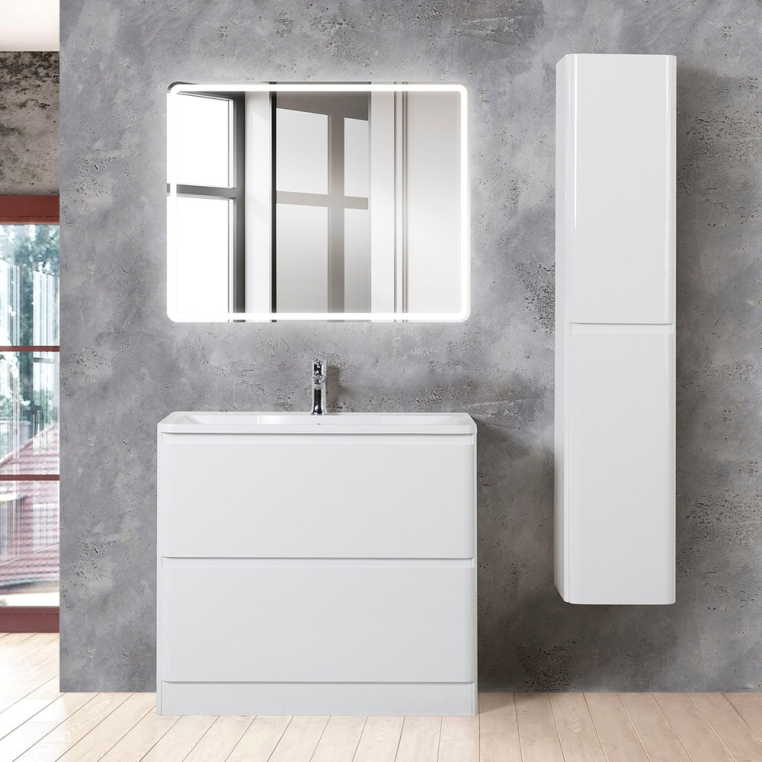 Комплект мебели BelBagno Albano 100 напольная, bianco lucido (ALBANO-1000-2C-PIA-BL+BB1000/455-LV-MR-ALR+SPC-MAR-1000-800-LED-BTN)