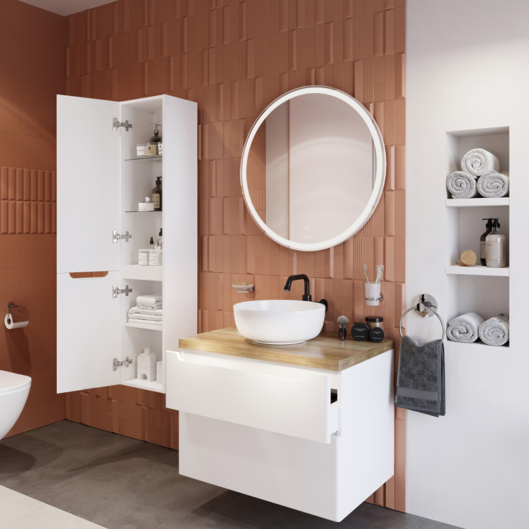 Мебель для ванной Stworki Берген 80 белая со светлой столешницей, раковина Moduo 40 RING