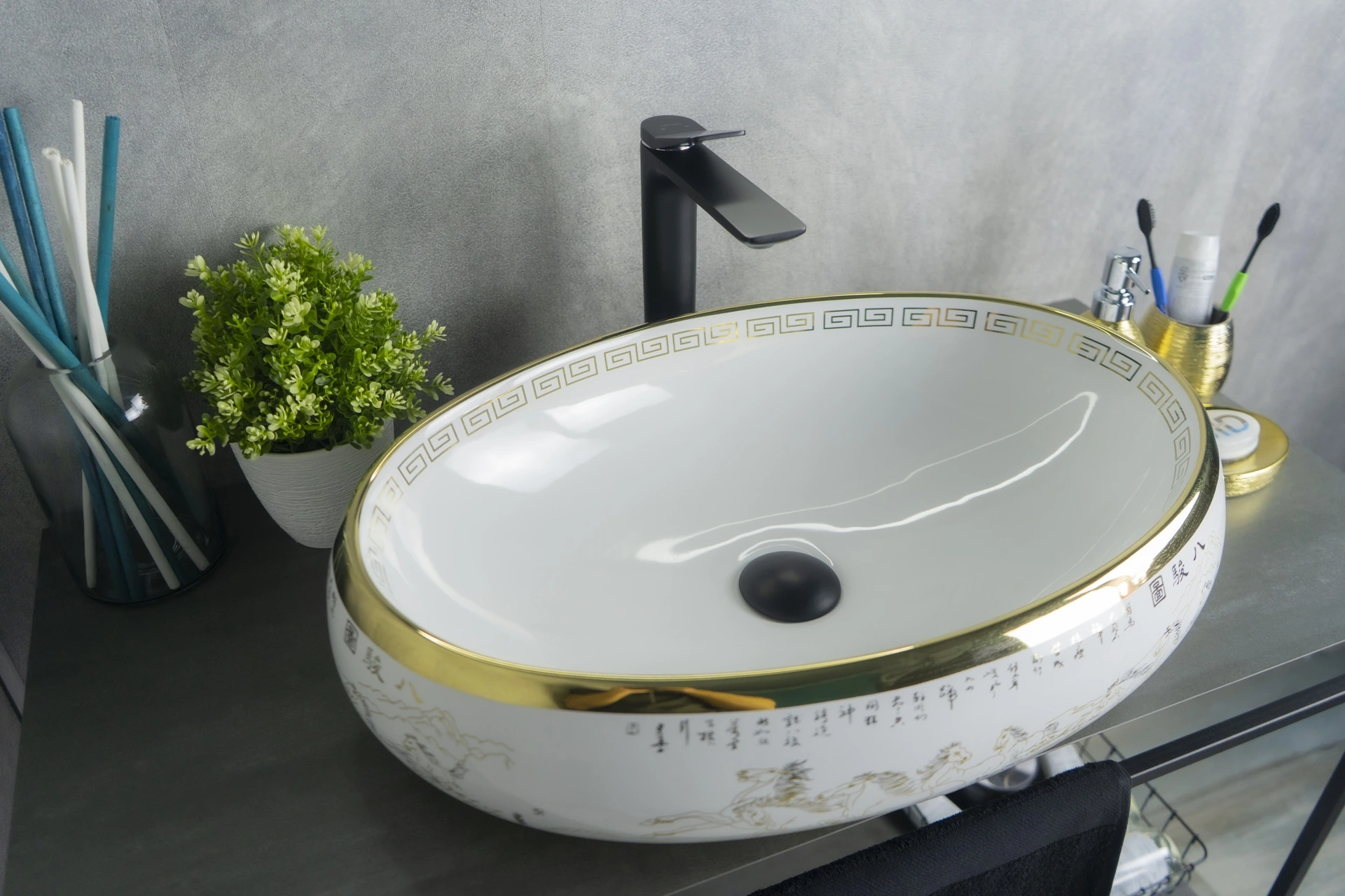 Раковина Gid Nc472 52222 накладная белая / золото 60x41x15