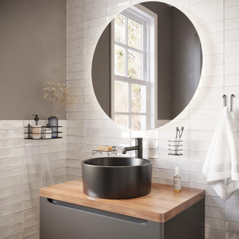 Мебель для ванной Stworki Берген 80 серая с темной столешницей, раковина BOCCHI Vessel черная