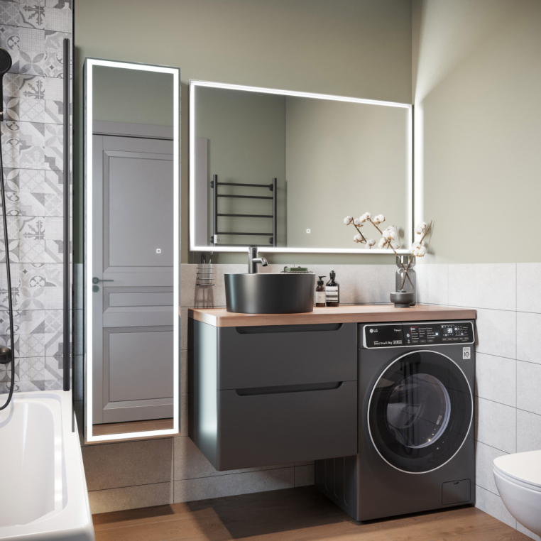 Мебель для ванной Stworki Берген 60 серая с темной столешницей 122, раковина BOCCHI Vessel черная, R