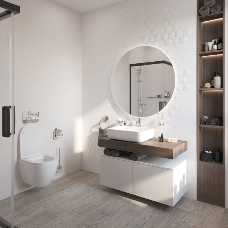 Мебель для ванной Stworki Ольборг 100 столешница дуб карпентер, без отверстий, 2 тумбы 50, с раковиной Stworki Soul 1 белой