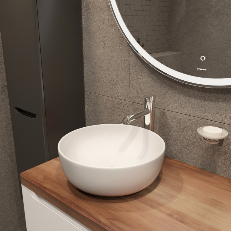 Мебель для ванной Stworki Берген 60 белая с темной столешницей 122, раковина Moon 1, R