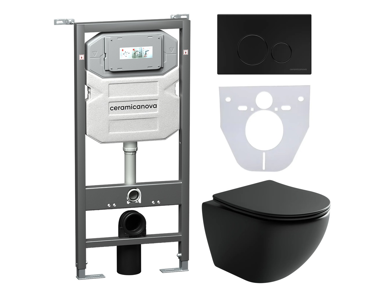 Сет 4 в 1 Инсталляция с кнопкой+унитаз+шумоизоляция CERAMICANOVA Подвесной унитаз Metropol+Шумоизоляционная панель+Система инсталляции с кнопкой Round цвет чёрн.мат