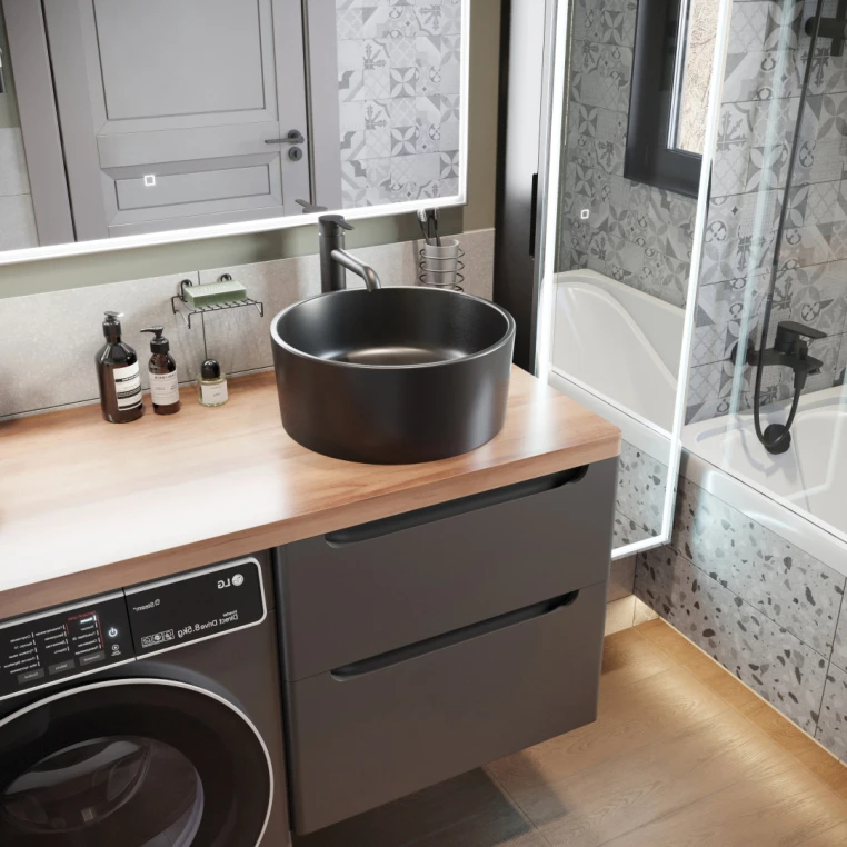 Мебель для ванной Stworki Берген 60 серая с темной столешницей 122, раковина BOCCHI Vessel 1174-004-0125 черная, L