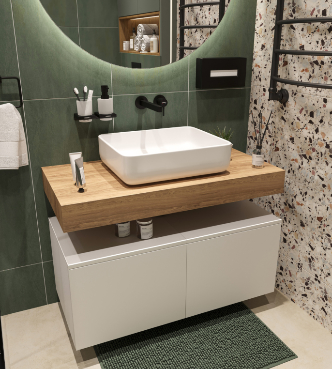 Мебель для ванной Stworki Ольборг 100 столешница дуб французский, без отверстий, 2 тумбы 50, с раковиной Stworki Soul 1 белой