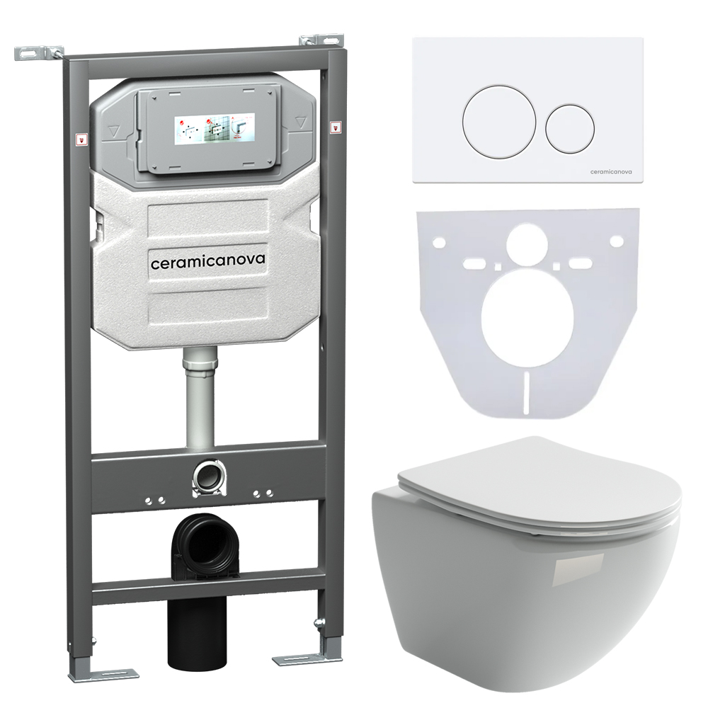 Сет 4 в 1 Инсталляция с кнопкой+унитаз+шумоизоляция CERAMICANOVA Подвесной унитаз Metropol+Шумоизоляционная панель+Система инсталляции с кнопкой Round цвет белый