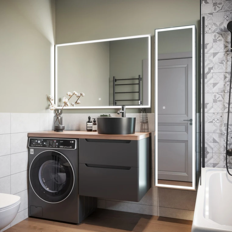 Мебель для ванной Stworki Берген 60 серая с темной столешницей 122, раковина BOCCHI Vessel 1174-004-0125 черная, L