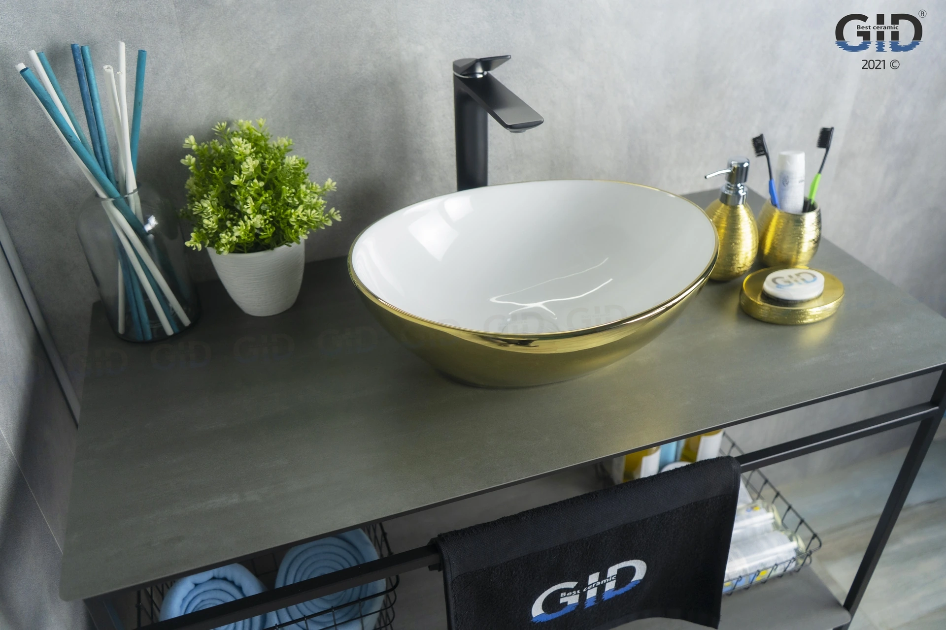 Раковина Gid Nc999 52229 накладная белая / золото 41x34x15