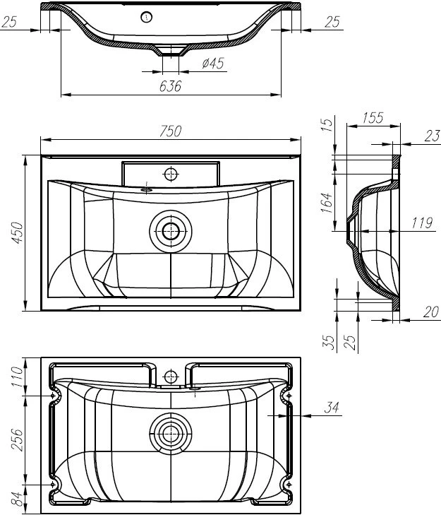 Раковина BelBagno Marino 75 прямоугольная (BB750/450-LV-MR-PR)
