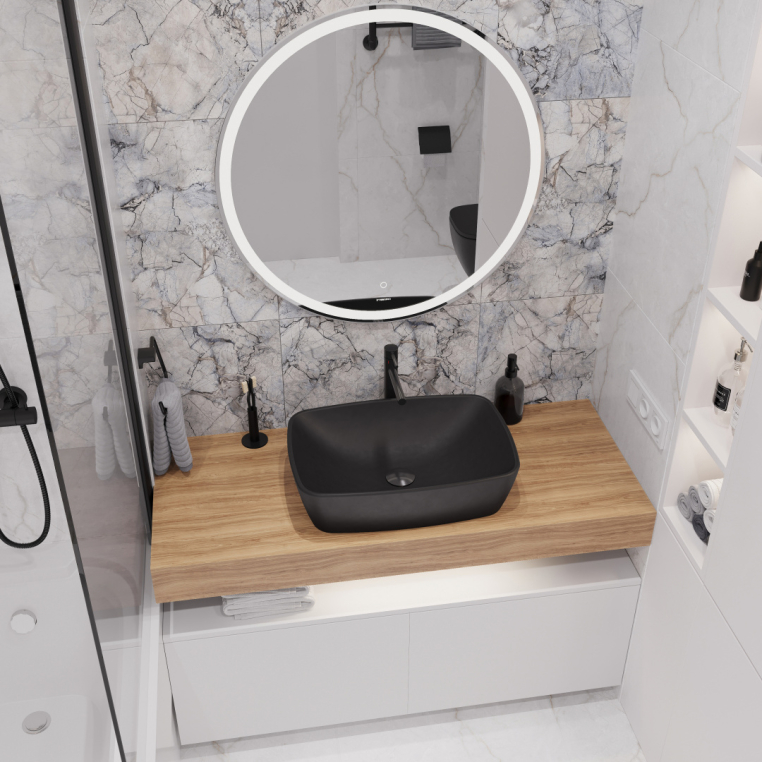 Мебель для ванной Stworki Ольборг 120 столешница дуб французский, без отверстий, 2 тумбы 60, с раковиной Vitra Shift черной