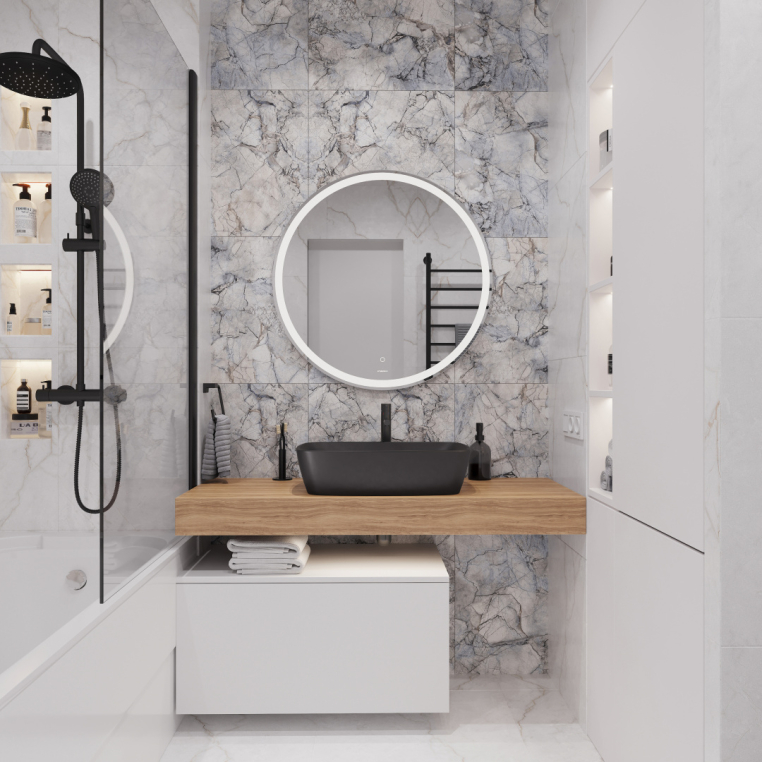 Мебель для ванной Stworki Ольборг 120 столешница дуб французский, без отверстий, с тумбой 80, с раковиной Vitra Shift черной