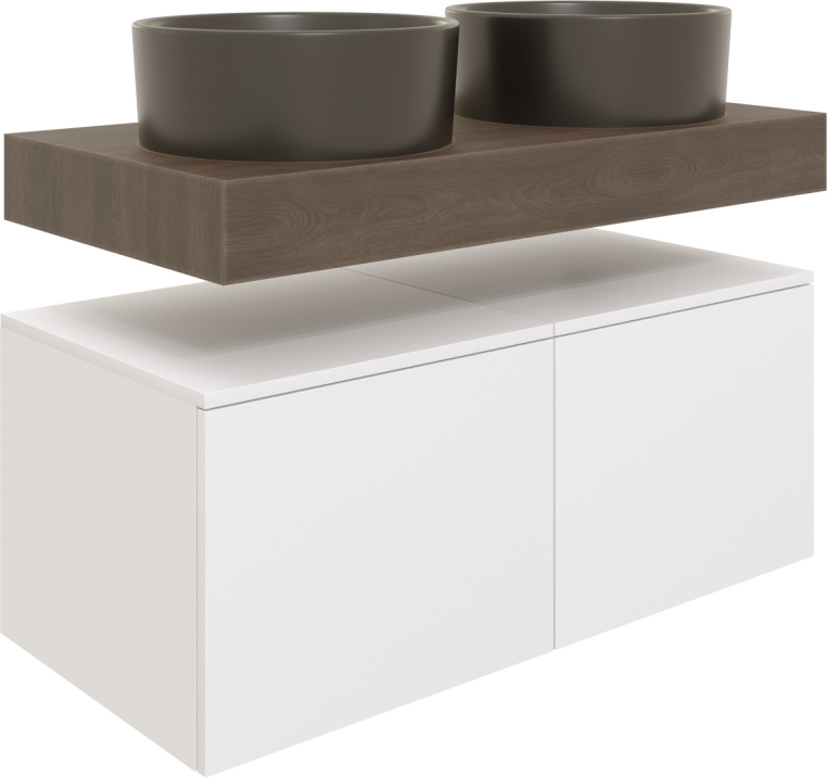 Столешница Stworki Ольборг 100 дуб карпентер, без отверстий,  2 тумбы 50 + 2 раковины BOCCHI Vessel, черная