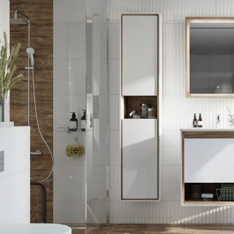 Шкаф-пенал Stworki Ольтен 150 белый, дуб сонома (Ол.04.150/P/W-DS)