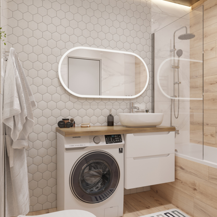 Мебель для ванной Stworki Берген 60 белая со светлой столешницей 122, раковина Moduo 50 Square, L