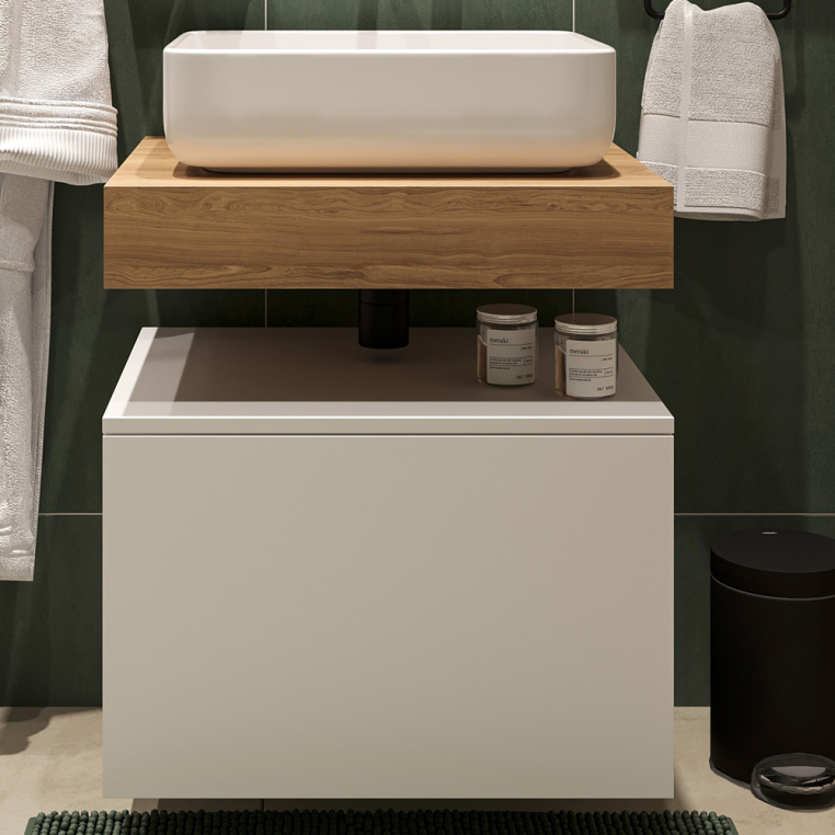 Столешница Stworki Ольборг 60 дуб французский, без отверстий, с тумбой 60, с раковиной Stworki Soul 1 белой