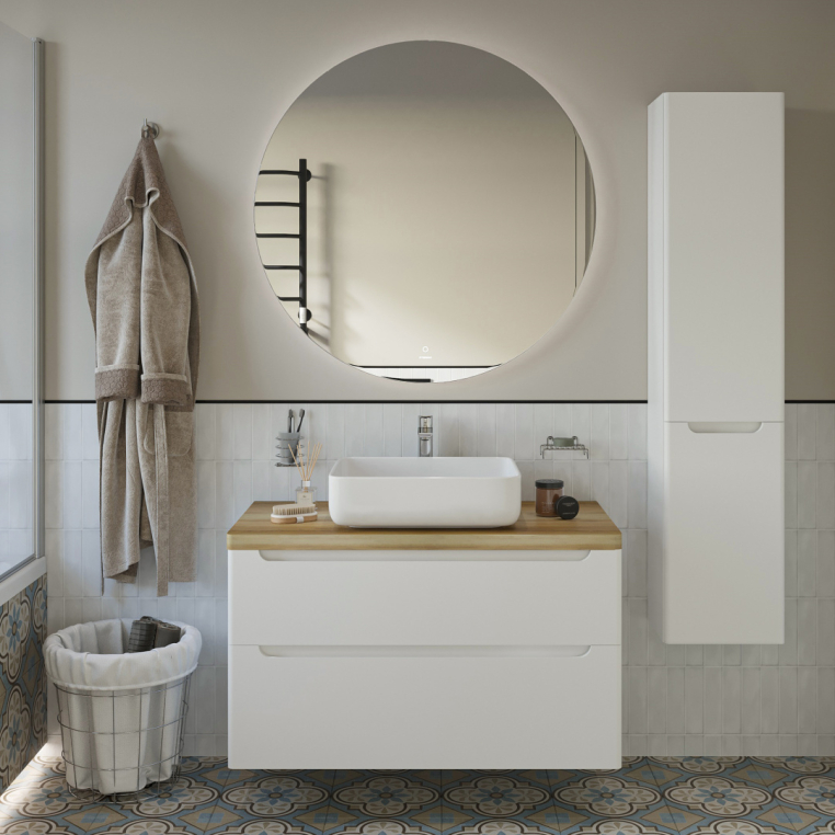Мебель для ванной Stworki Берген 100 белая со светлой столешницей, раковина Soul 1