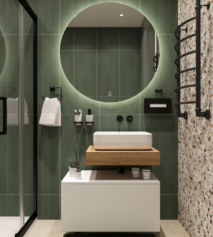 Столешница Stworki Ольборг 60 дуб французский, без отверстий, с тумбой 80, с раковиной Stworki Soul 1 белой