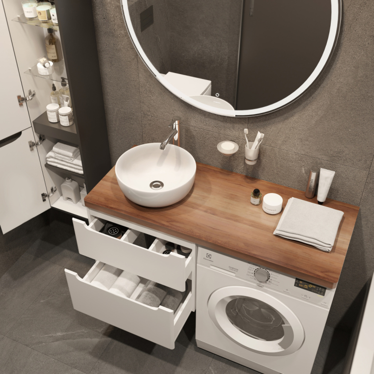 Мебель для ванной Stworki Берген 60 белая с темной столешницей 122, раковина Moon 1, R