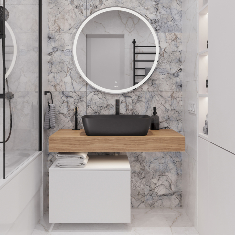 Мебель для ванной Stworki Ольборг 100 столешница дуб французский, без отверстий, с тумбой 50, с раковиной Vitra Shift черная