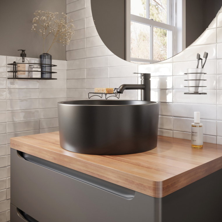 Мебель для ванной Stworki Берген 80 серая с темной столешницей, раковина BOCCHI Vessel черная