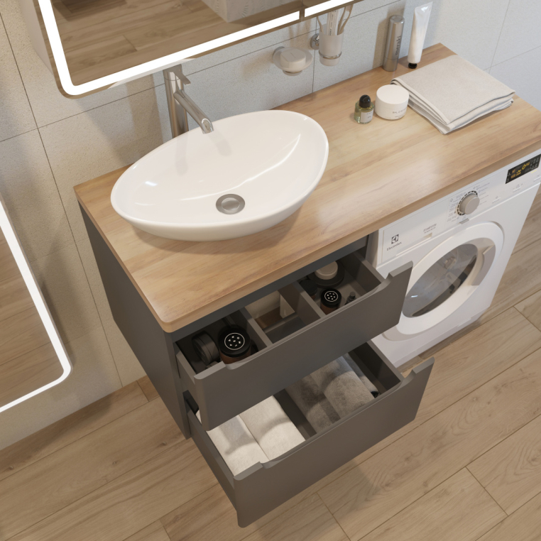 Мебель для ванной Stworki Берген 60 серая со светлой столешницей 122, раковина Moduo 55 Leaf, R