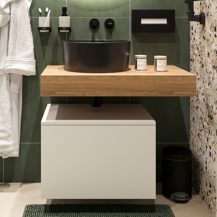 Столешница Stworki Ольборг 80 дуб французский, без отверстий, с тумбой 50, с раковиной BOCCHI Vessel черной