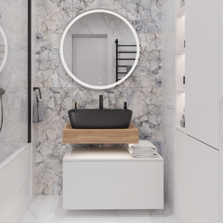 Мебель для ванной Stworki Ольборг 60 столешница дуб французский, без отверстий, с тумбой 80, с раковиной Vitra Shift черной