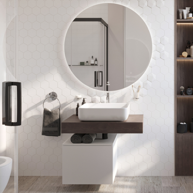 Мебель для ванной Stworki Ольборг 80 столешница дуб карпентер, без отверстий, с тумбой 50, с раковиной Stworki Soul 1 белой