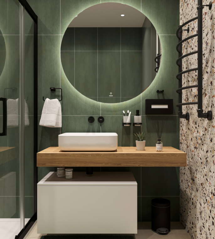 Столешница Stworki Ольборг 120 дуб французский, без отверстий, с тумбой 80, с раковиной Stworki Soul 1 белой