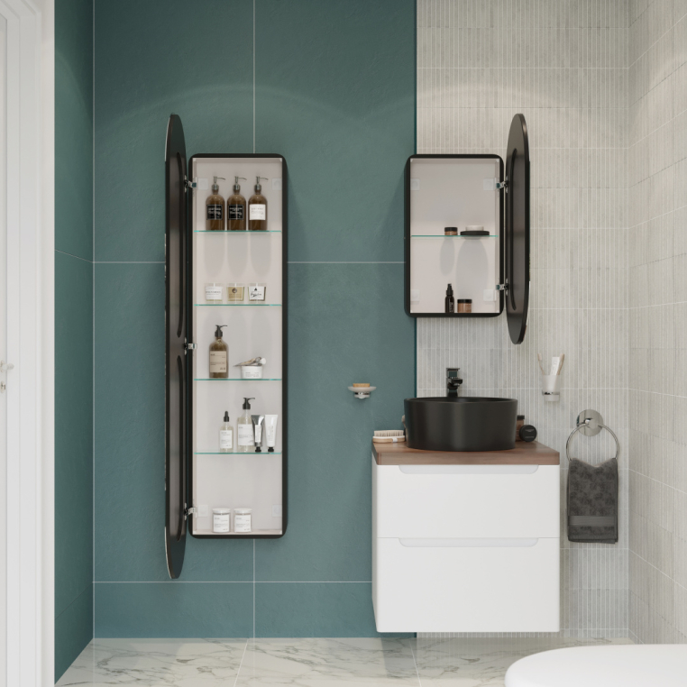 Мебель для ванной Stworki Берген 60 белая с темной столешницей, раковина BOCCHI Vessel 1174-004-0125 черная матовая