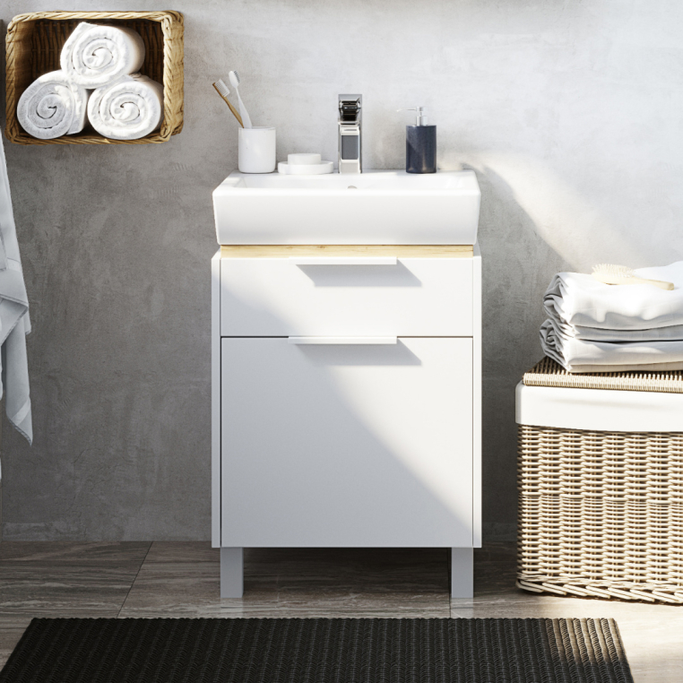 Тумба с раковиной Stworki Дублин 50 подвесная, с накладной раковиной, узкая, в скандинавском стиле