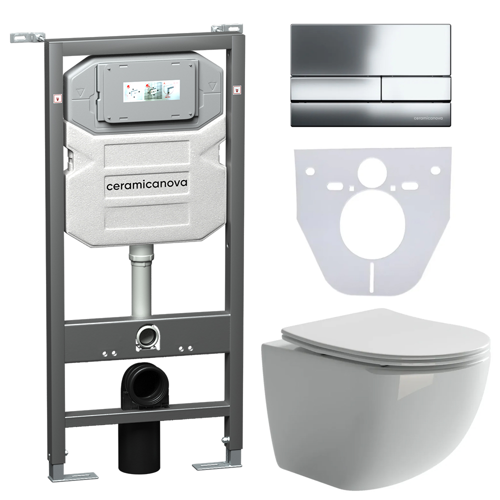 Сет 4 в 1 Инсталляция с кнопкой+унитаз+шумоизоляция CERAMICANOVA Подвесной унитаз Forma Rimless+Шумоизоляционная панель+Система инсталляции с кнопкой Flat цвет хром