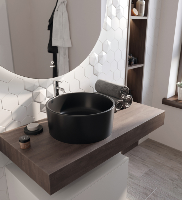 Столешница Stworki Ольборг 100 дуб карпентер, без отверстий, с тумбой 60, с раковиной BOCCHI Vessel черной