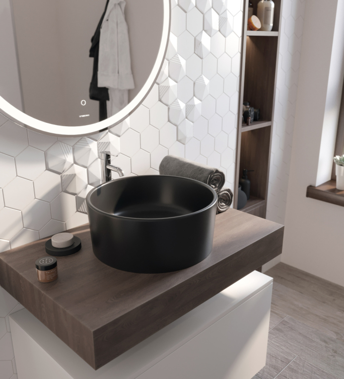 Мебель для ванной Stworki Ольборг 80 столешница дуб карпентер, без отверстий, с тумбой 80, с раковиной BOCCHI Vessel черной