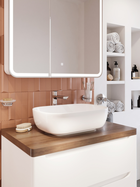 Мебель для ванной Stworki Берген 80 белая с темной столешницей, раковина Moduo 50 Square