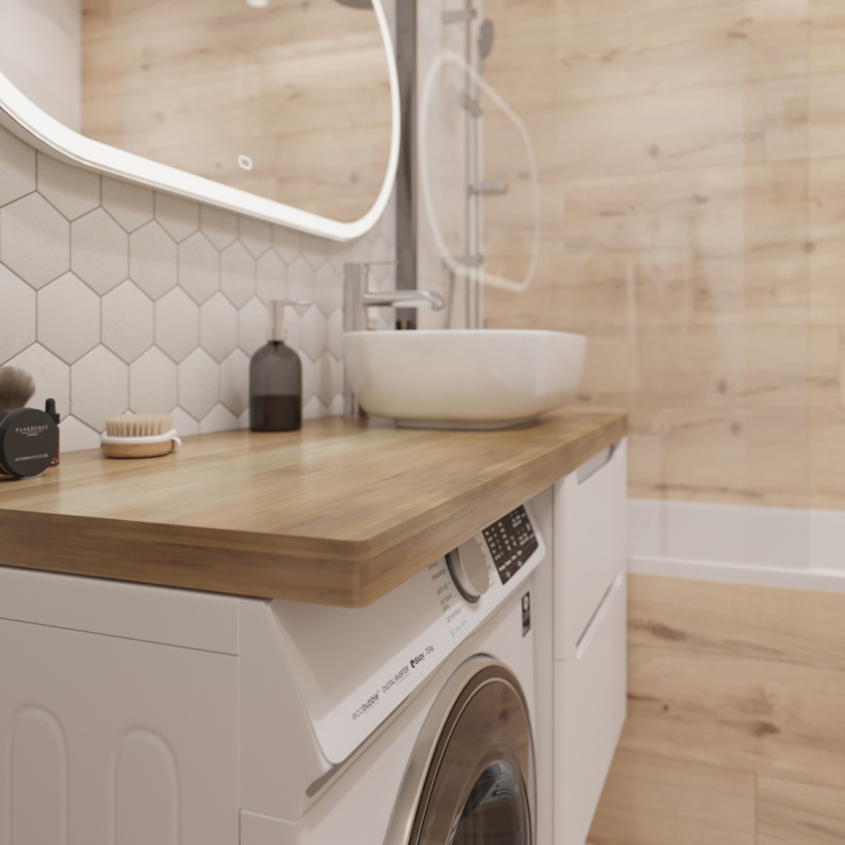 Мебель для ванной Stworki Берген 60 белая со светлой столешницей 122, раковина Moduo 50 Square, L