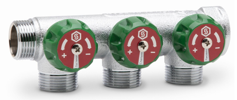 Stout Регулирующий проходной коллектор ВР-НР 1" c 3 отводами 1/2" плоское уплотнение (SMB-6849-011203)