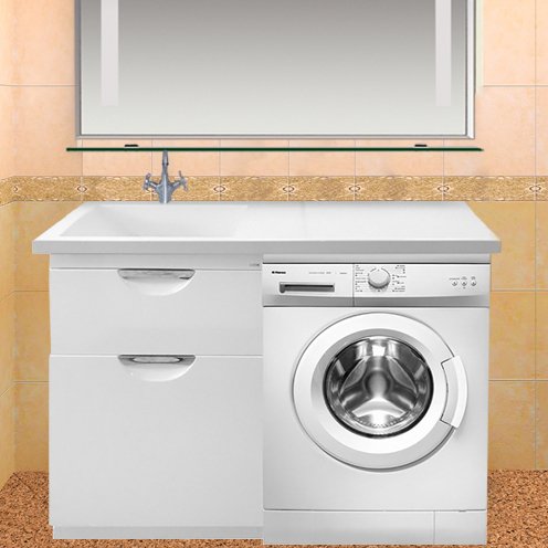 Тумба с раковиной Misty Куба 60 белая, под стиральную машину, с бельевой корзиной (П-Куб-01060-0121ЯБК+5217120)