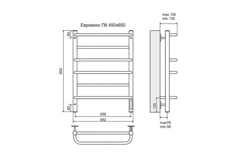 Электрический полотенцесушитель Terminus Евромикс П6 450x650 ТЭН Лев./Пр. черный матовый (4660059930329)