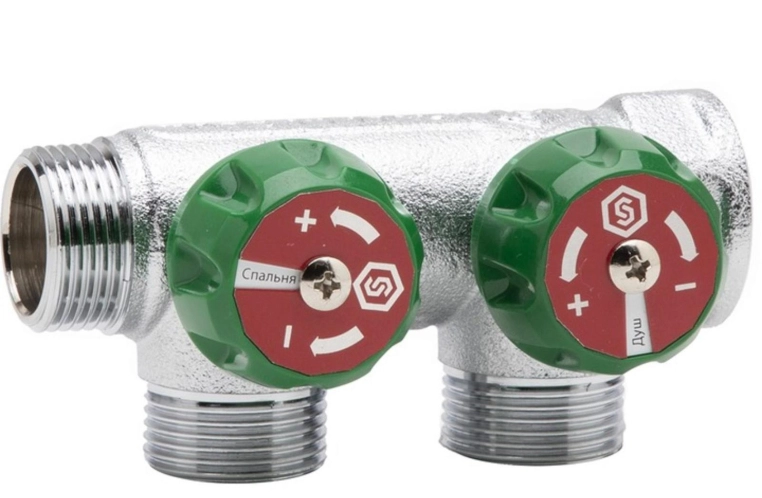 Stout Регулирующий проходной коллектор ВР-НР 1" c 2 отводами 3/4" ЕК (SMB-6850-013402)